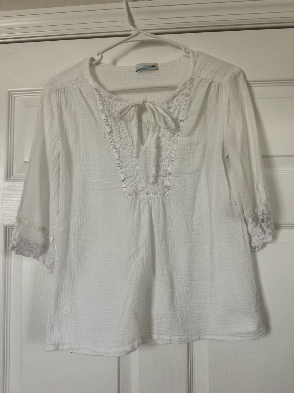 Women’s White Gauze Tie-Neck Peasant Top with Satin Ribbon Detail